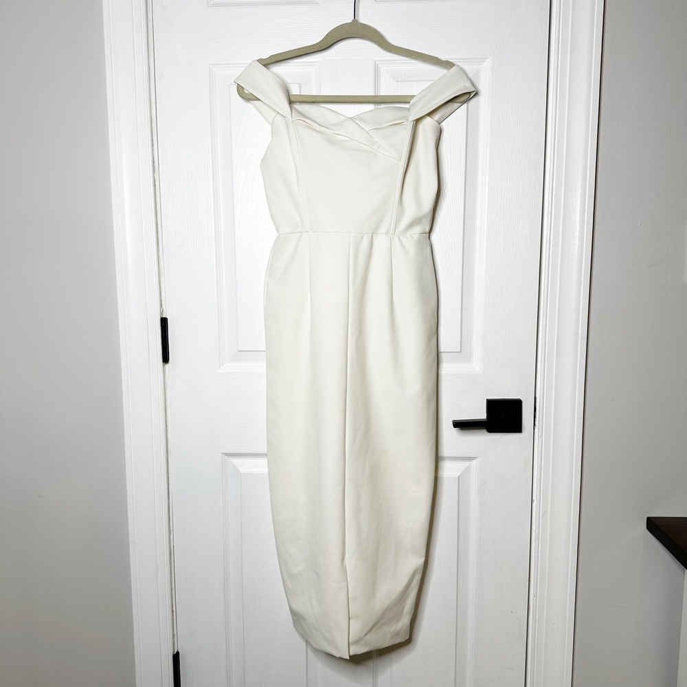 Lavish Alice White Bardot Off Shoulder Midi‎ Dress Sweetheart Neckline US6 UK10